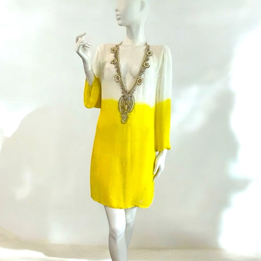 Sheer Gradient Yellow Beaded Beach Cover Up